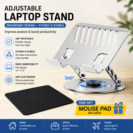 Adjustable aluminum alloy laptop stand (20*20CM), with mouse pad (21*25cm), adjustable height and angle, space-saving, heat dissipation support, suitable for office, home, study and work environments