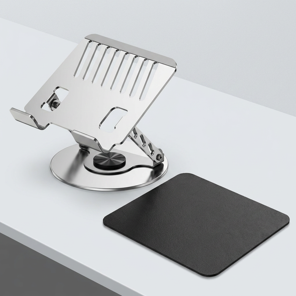 Adjustable aluminum alloy laptop stand (20*20CM), with mouse pad (21*25cm), adjustable height and angle, space-saving, heat dissipation support, suitable for office, home, study and work environments