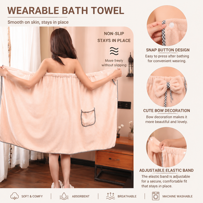 White Women's Coral Fleece Wearable Bath Towel Wrap - 80x140cm With Elastic Band, Snap Button and Pocket for Home Spa Travel