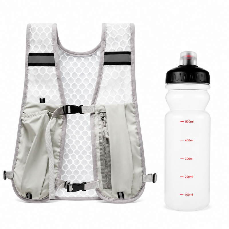 Grey Lightweight Running Hydration Vest Backpack + 500ML Water Bottle - Breathable Mesh Reflective Sports Pack with 4 Straps, Cup / Phone Holder and Back Zipper Pocket for Marathon Hiking Cycling Trail Running