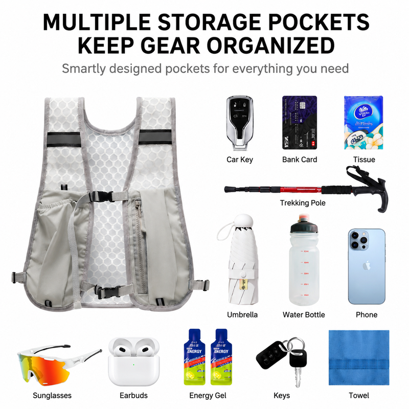 Grey Lightweight Running Hydration Vest Backpack + 500ML Water Bottle - Breathable Mesh Reflective Sports Pack with 4 Straps, Cup / Phone Holder and Back Zipper Pocket for Marathon Hiking Cycling Trail Running