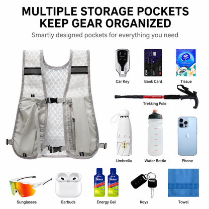 Grey Lightweight Running Hydration Vest Backpack + 500ML Water Bottle - Breathable Mesh Reflective Sports Pack with 4 Straps, Cup / Phone Holder and Back Zipper Pocket for Marathon Hiking Cycling Trail Running