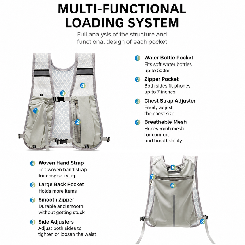 Grey Lightweight Running Hydration Vest Backpack + 500ML Water Bottle - Breathable Mesh Reflective Sports Pack with 4 Straps, Cup / Phone Holder and Back Zipper Pocket for Marathon Hiking Cycling Trail Running