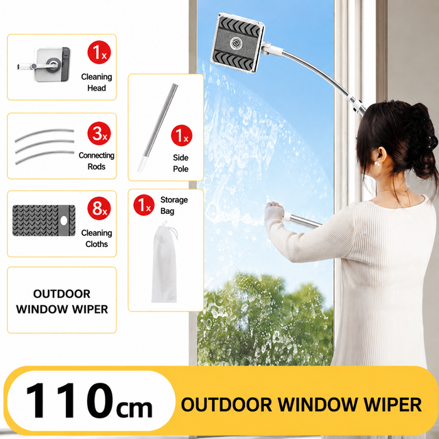 Lightweight Interior & Exterior Window Cleaner with 110cm Extendable Aluminium Pole & 8 Cleaning Pad - 2-in-1 360° Rotating Microfibre Scrubber and Squeegee for Most Household High Rise Windows