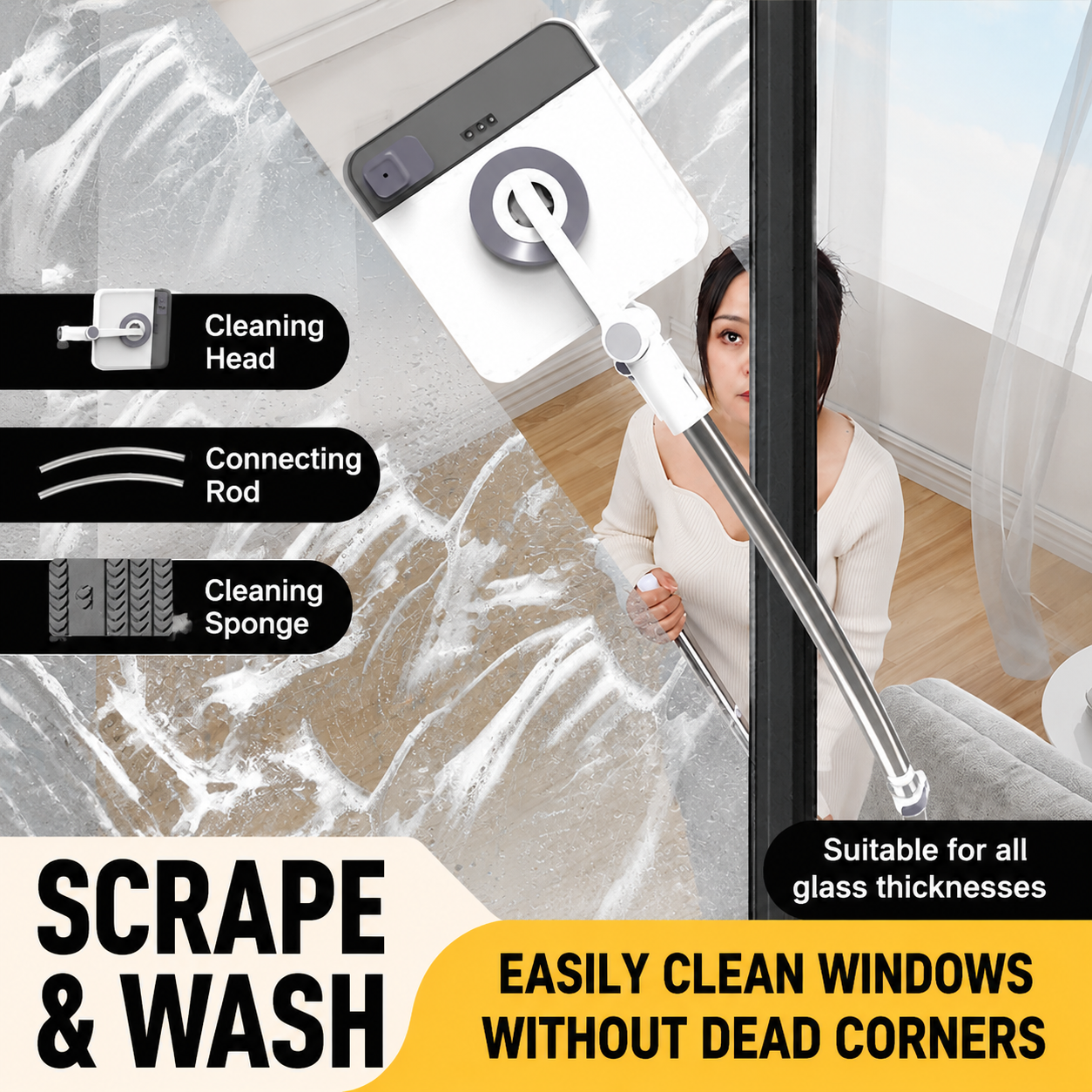 Lightweight Interior & Exterior Window Cleaner with 110cm Extendable Aluminium Pole & 8 Cleaning Pad - 2-in-1 360° Rotating Microfibre Scrubber and Squeegee for Most Household High Rise Windows