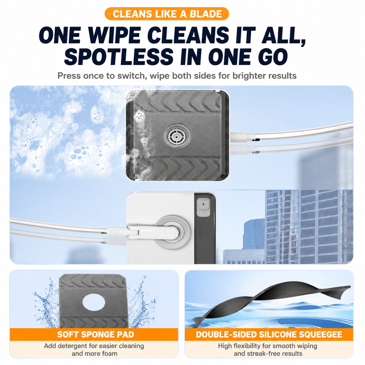 Lightweight Interior & Exterior Window Cleaner with 110cm Extendable Aluminium Pole & 8 Cleaning Pad - 2-in-1 360° Rotating Microfibre Scrubber and Squeegee for Most Household High Rise Windows