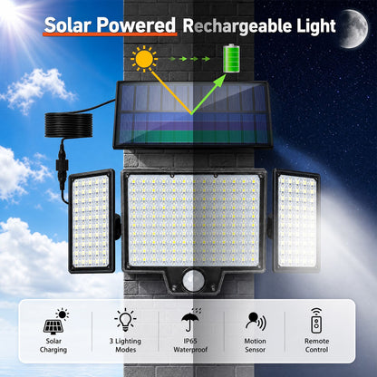 210 LED Outdoor Wall Light Integrated Solar Panel and 3 Sensor Modes (2 Pack), 3 Head Adjustable LED Security Light, IP65 All Weather Waterproof Remote Control Garden Lamp