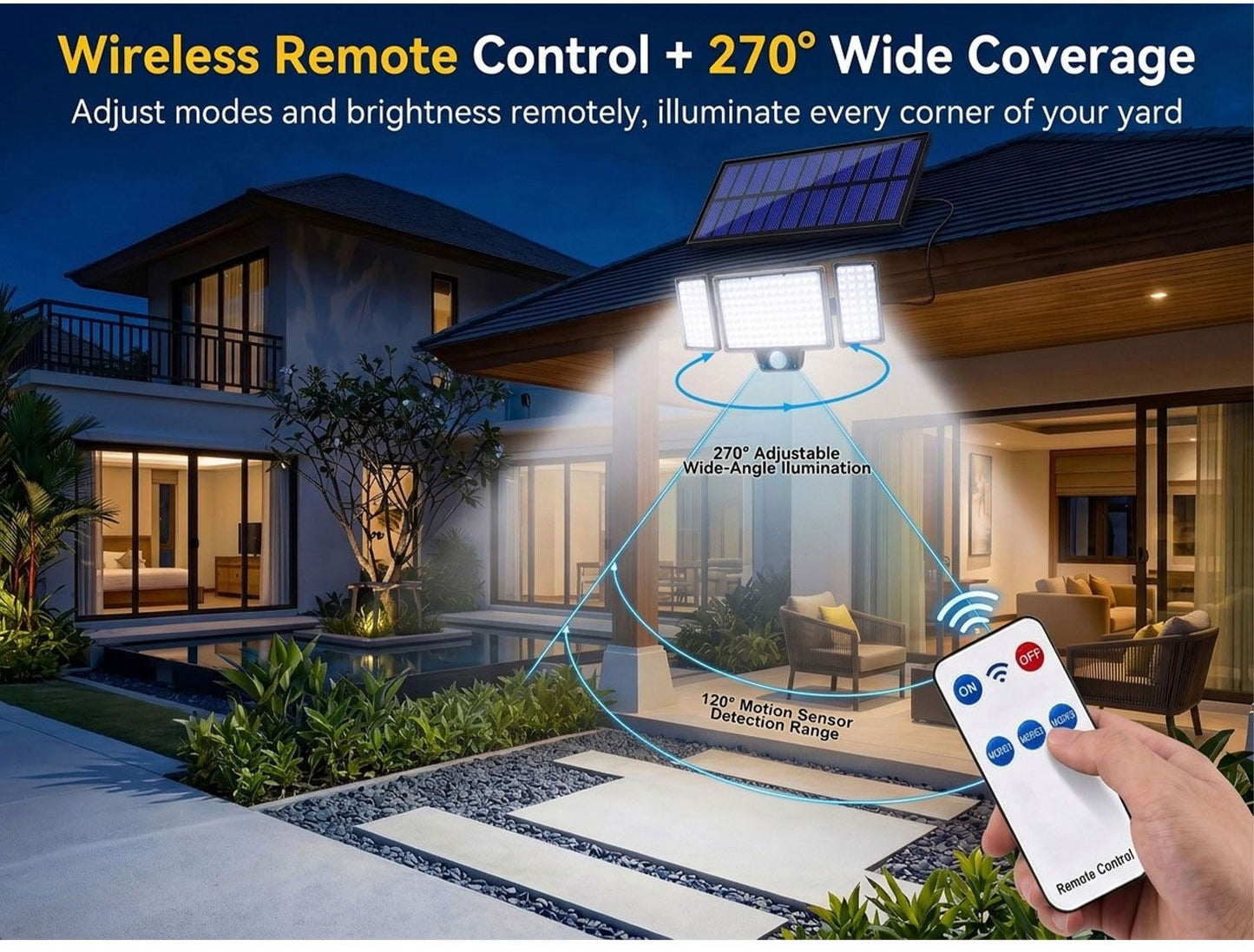 210 LED Outdoor Wall Light Integrated Solar Panel and 3 Sensor Modes (2 Pack), 3 Head Adjustable LED Security Light, IP65 All Weather Waterproof Remote Control Garden Lamp