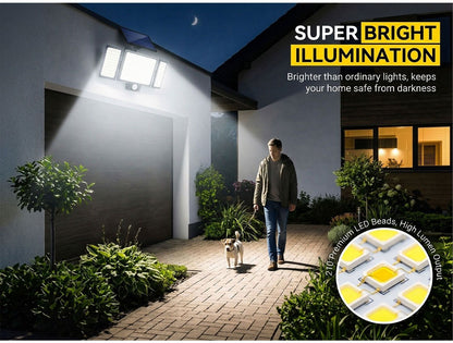 210 LED Outdoor Wall Light Integrated Solar Panel and 3 Sensor Modes (2 Pack), 3 Head Adjustable LED Security Light, IP65 All Weather Waterproof Remote Control Garden Lamp