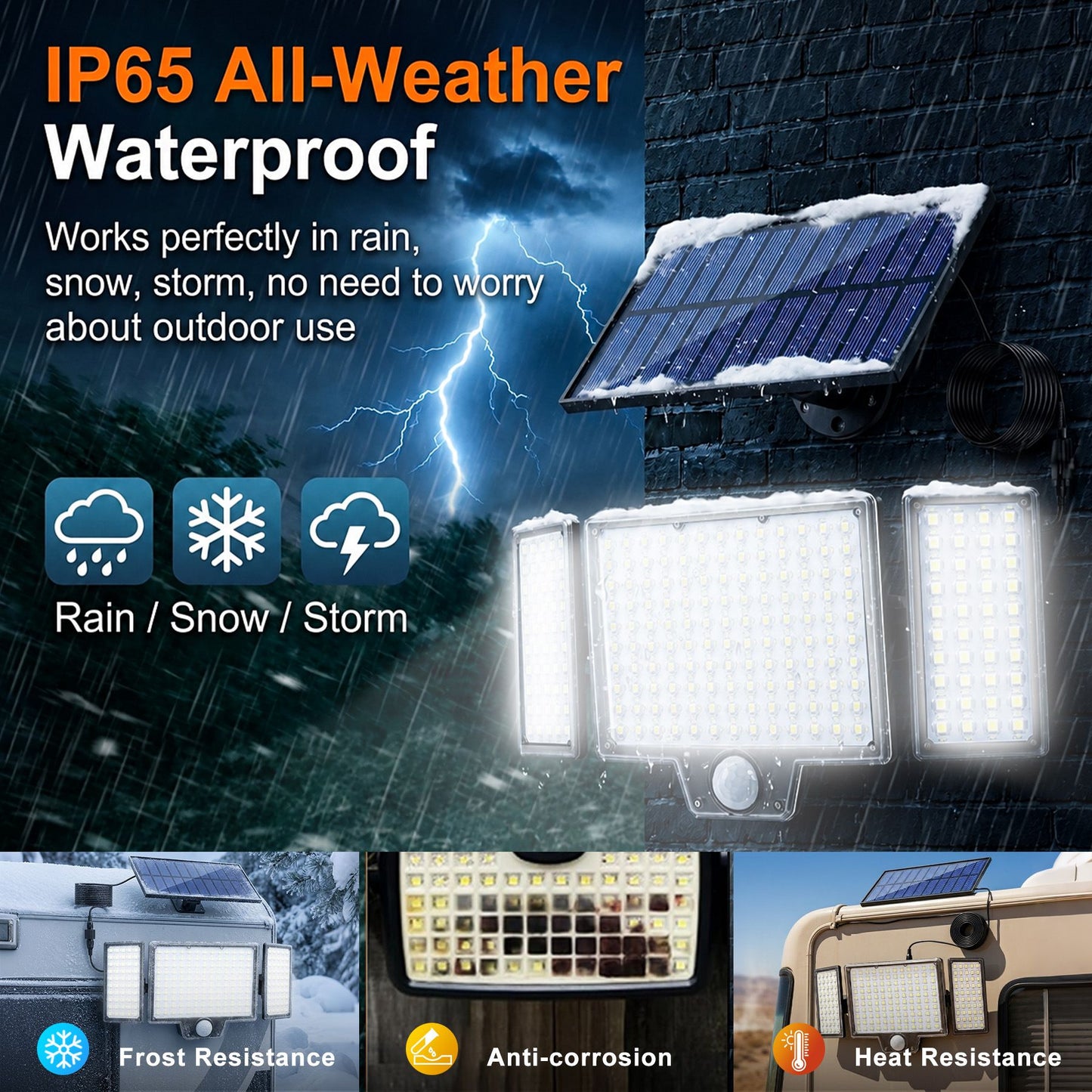 210 LED Outdoor Wall Light Integrated Solar Panel and 3 Sensor Modes (2 Pack), 3 Head Adjustable LED Security Light, IP65 All Weather Waterproof Remote Control Garden Lamp