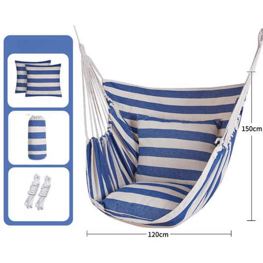 Blue White Stripes Oversized Hanging Swing Chair Canvas Hammock + 2 Pack 45 x 45CM Pillows Set (120 x 150 CM) - Portable Indoor & Outdoor Thickened Leisure Hammock Chair with Binding Ropes and Storage Bag