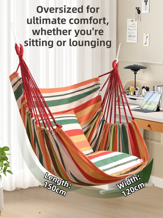 Blue White Stripes Oversized Hanging Swing Chair Canvas Hammock + 2 Pack 45 x 45CM Pillows Set (120 x 150 CM) - Portable Indoor & Outdoor Thickened Leisure Hammock Chair with Binding Ropes and Storage Bag
