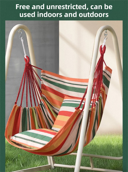 Blue White Stripes Oversized Hanging Swing Chair Canvas Hammock + 2 Pack 45 x 45CM Pillows Set (120 x 150 CM) - Portable Indoor & Outdoor Thickened Leisure Hammock Chair with Binding Ropes and Storage Bag