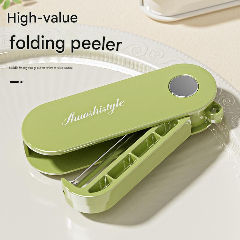 Home Fruit & Vegetable Peeling and Slicing Prep Set-Yellow Folding Peeler and Green Fruit Slicer - Portable Stainless Steel Kitchen Tools for Camping, Home Use, and Travel