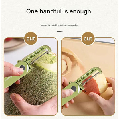 Home Fruit & Vegetable Peeling and Slicing Prep Set-Yellow Folding Peeler and Green Fruit Slicer - Portable Stainless Steel Kitchen Tools for Camping, Home Use, and Travel