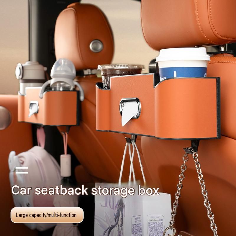 Beige（1 pack）Multifunctional Car Seat Back Organizer - Nappa Leather Tissue Box Holder with Cup Holders and Hooks, Adjustable Rear Storage Rack for Road Trips