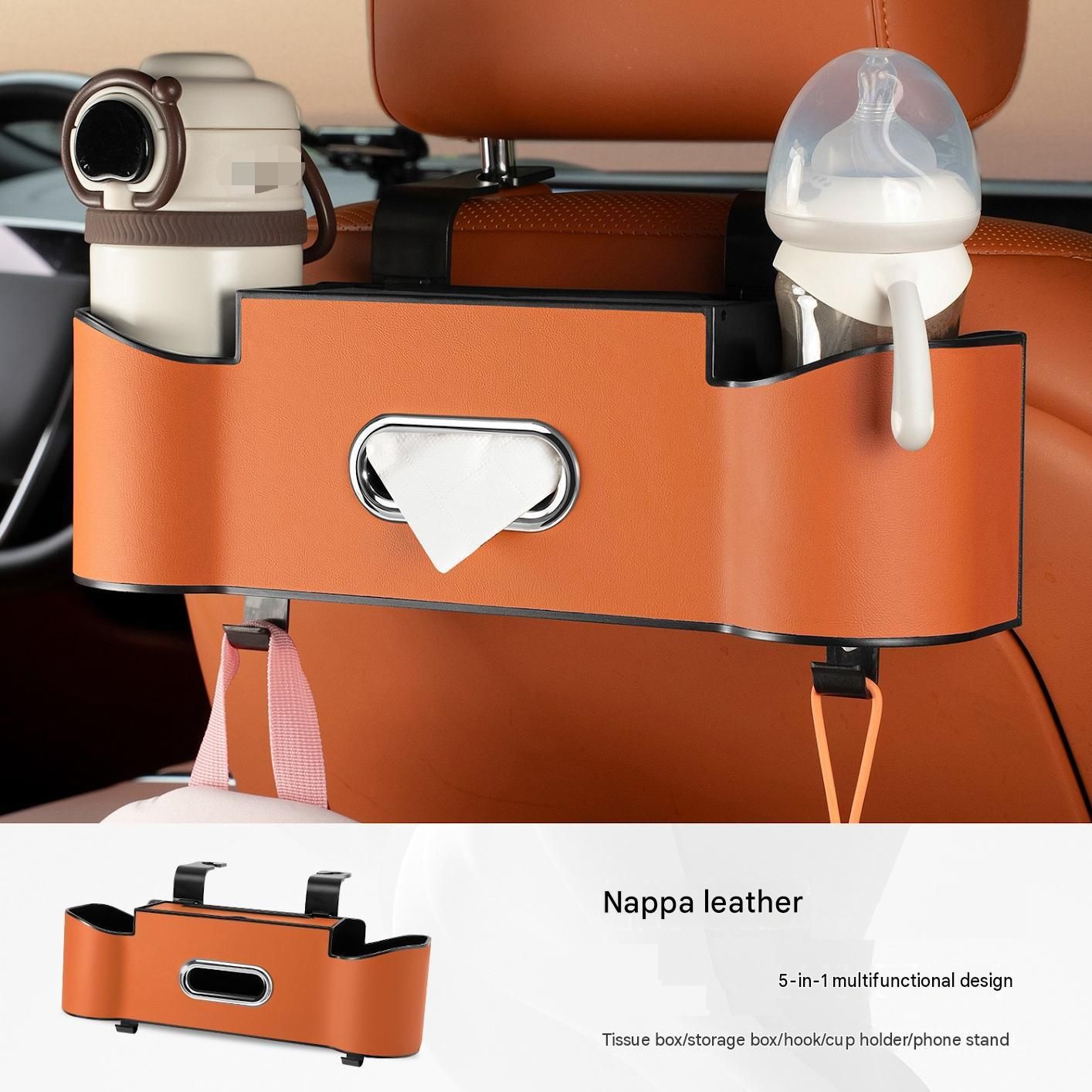 Beige（1 pack）Multifunctional Car Seat Back Organizer - Nappa Leather Tissue Box Holder with Cup Holders and Hooks, Adjustable Rear Storage Rack for Road Trips