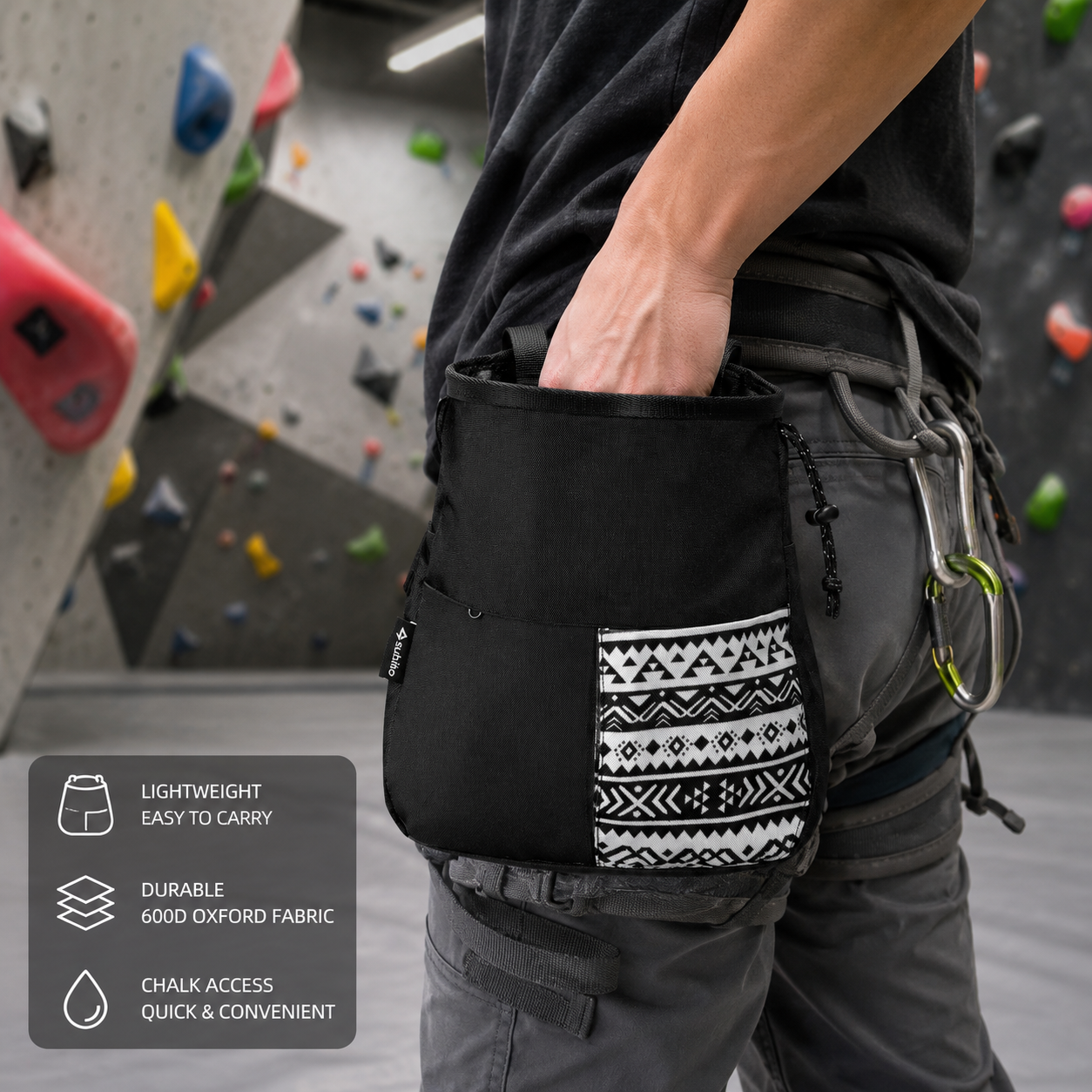 Black Large Rock Climbing Chalk Bag with Wide Opening, Quick Access Magnesium Powder Pouch for Bouldering, Climbing and Outdoor Training