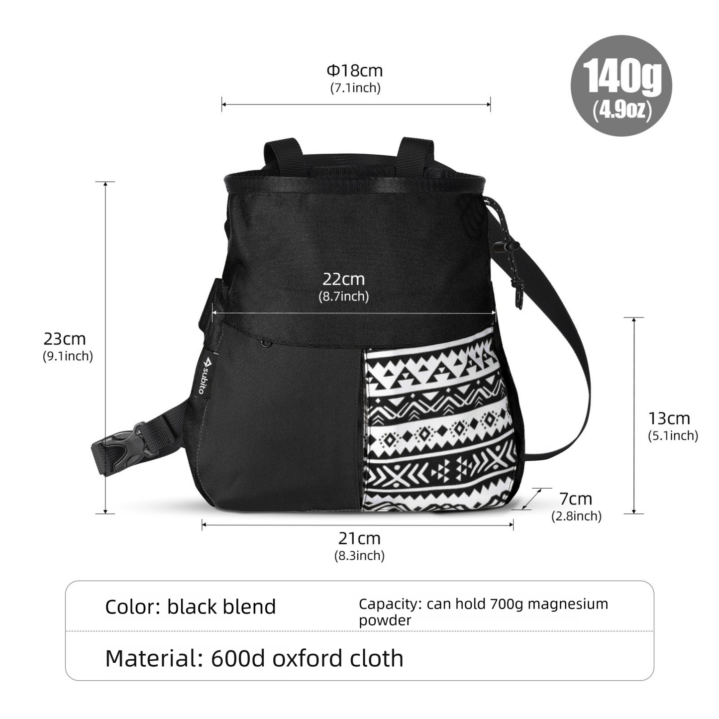 Black Large Rock Climbing Chalk Bag with Wide Opening, Quick Access Magnesium Powder Pouch for Bouldering, Climbing and Outdoor Training
