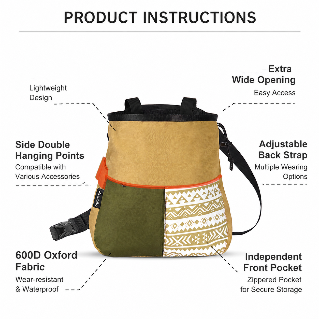 Khaki Small Rock Climbing Chalk Bag with Wide Opening, Quick Access Magnesium Powder Pouch for Bouldering, Climbing and Outdoor Training