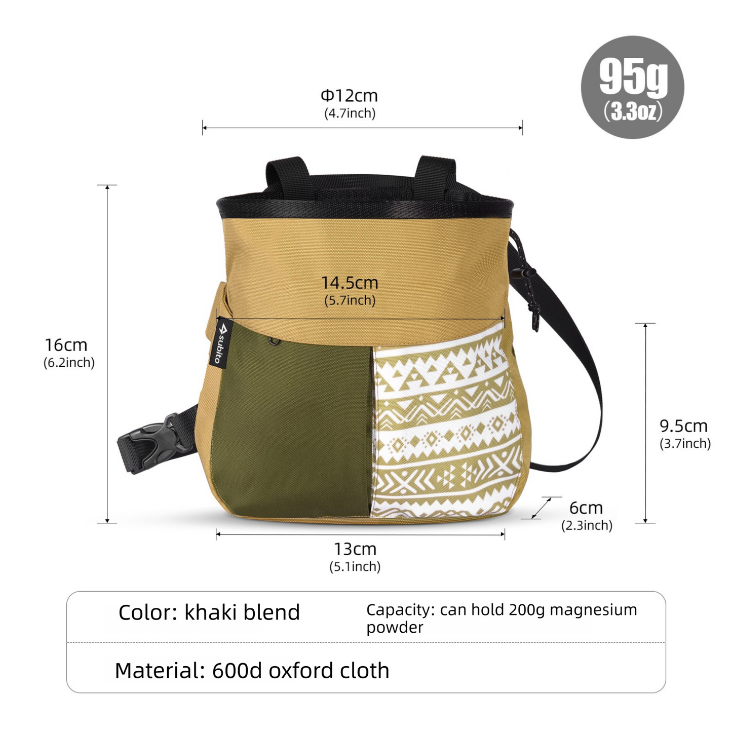 Khaki Small Rock Climbing Chalk Bag with Wide Opening, Quick Access Magnesium Powder Pouch for Bouldering, Climbing and Outdoor Training