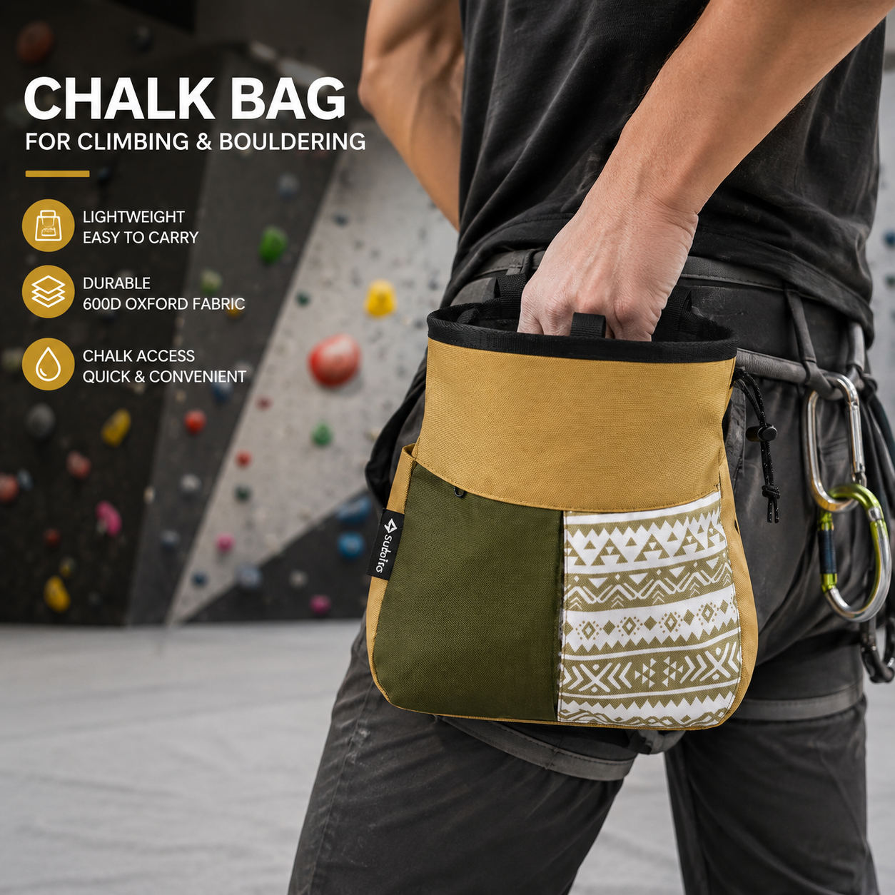 Khaki Large Rock Climbing Chalk Bag with Wide Opening, Quick Access Magnesium Powder Pouch for Bouldering, Climbing and Outdoor Training