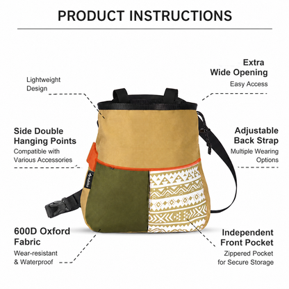 Khaki Large Rock Climbing Chalk Bag with Wide Opening, Quick Access Magnesium Powder Pouch for Bouldering, Climbing and Outdoor Training