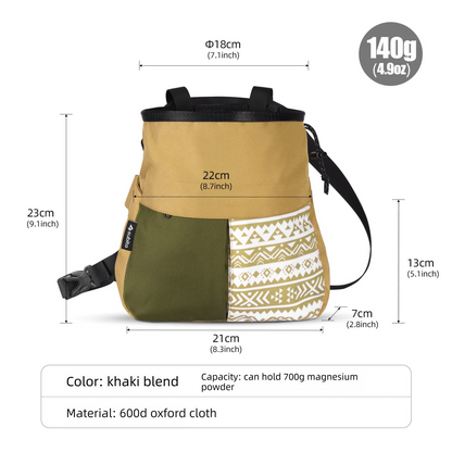 Khaki Large Rock Climbing Chalk Bag with Wide Opening, Quick Access Magnesium Powder Pouch for Bouldering, Climbing and Outdoor Training