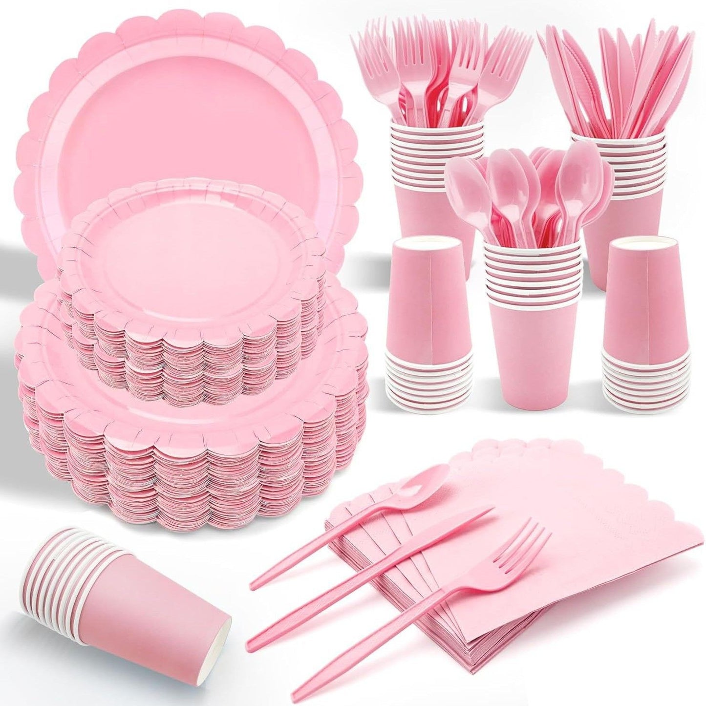 Pink Scalloped Edge Disposable Party Tableware Set - 175 Pieces for 25 Guests - Food Grade Paper Plates Cups Napkins Cutlery for Birthday Wedding Holiday Dinner