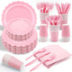 Pink Scalloped Edge Disposable Party Tableware Set - 175 Pieces for 25 Guests - Food Grade Paper Plates Cups Napkins Cutlery for Birthday Wedding Holiday Dinner