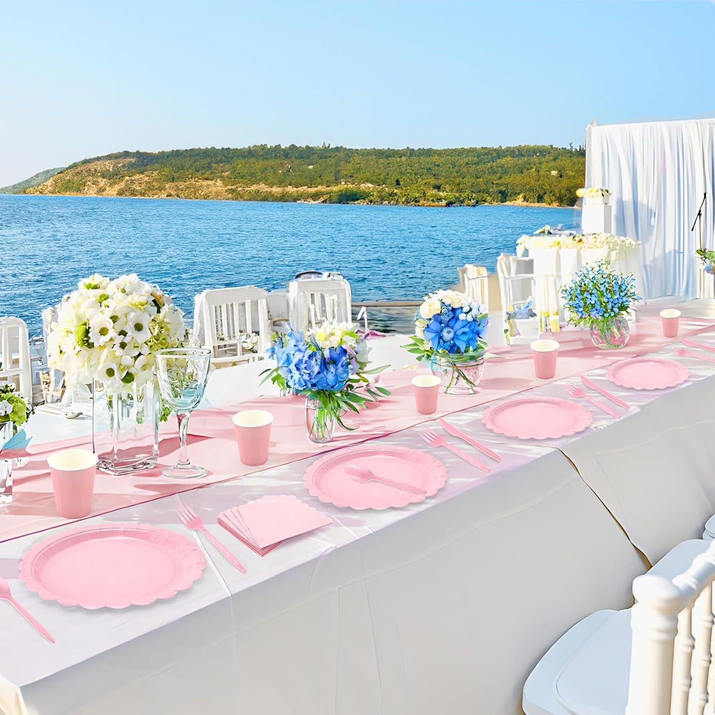 Pink Scalloped Edge Disposable Party Tableware Set - 175 Pieces for 25 Guests - Food Grade Paper Plates Cups Napkins Cutlery for Birthday Wedding Holiday Dinner