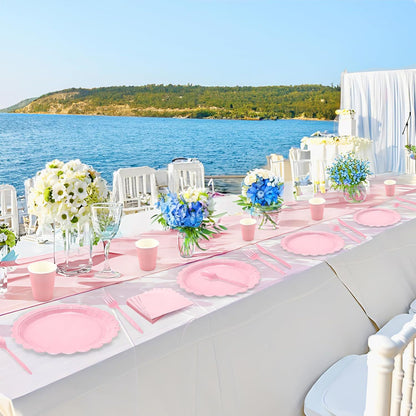 Pink Scalloped Edge Disposable Party Tableware Set - 175 Pieces for 25 Guests - Food Grade Paper Plates Cups Napkins Cutlery for Birthday Wedding Holiday Dinner