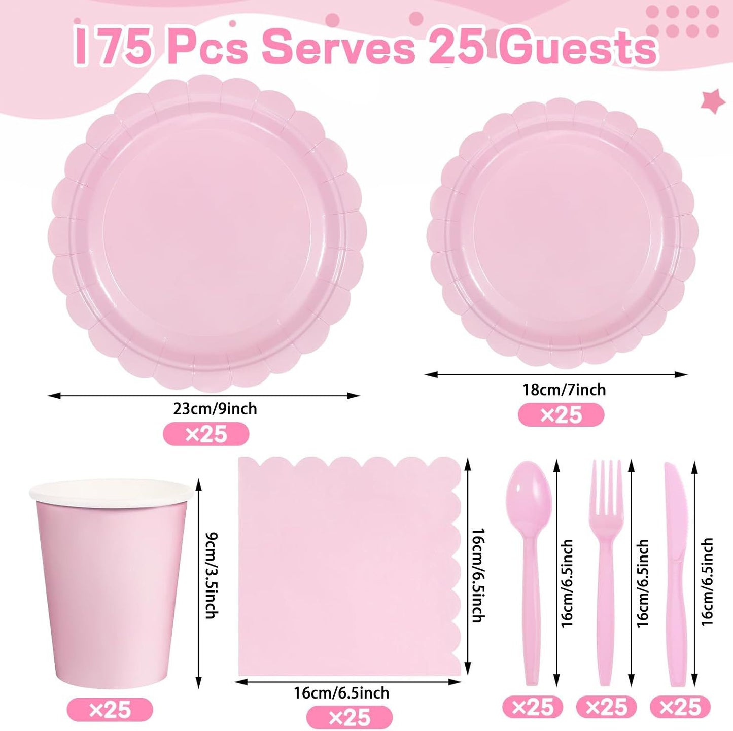 Pink Scalloped Edge Disposable Party Tableware Set - 175 Pieces for 25 Guests - Food Grade Paper Plates Cups Napkins Cutlery for Birthday Wedding Holiday Dinner