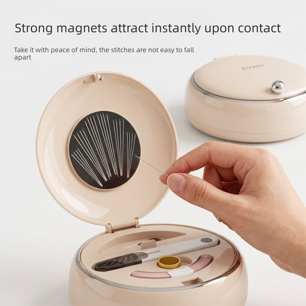 White Magnetic Sewing Kit - Portable Round Case with 20 Needles, 15 Thread Spools, Scissors, Thimble, Tape Measure for Home Dorm Travel Repairs
