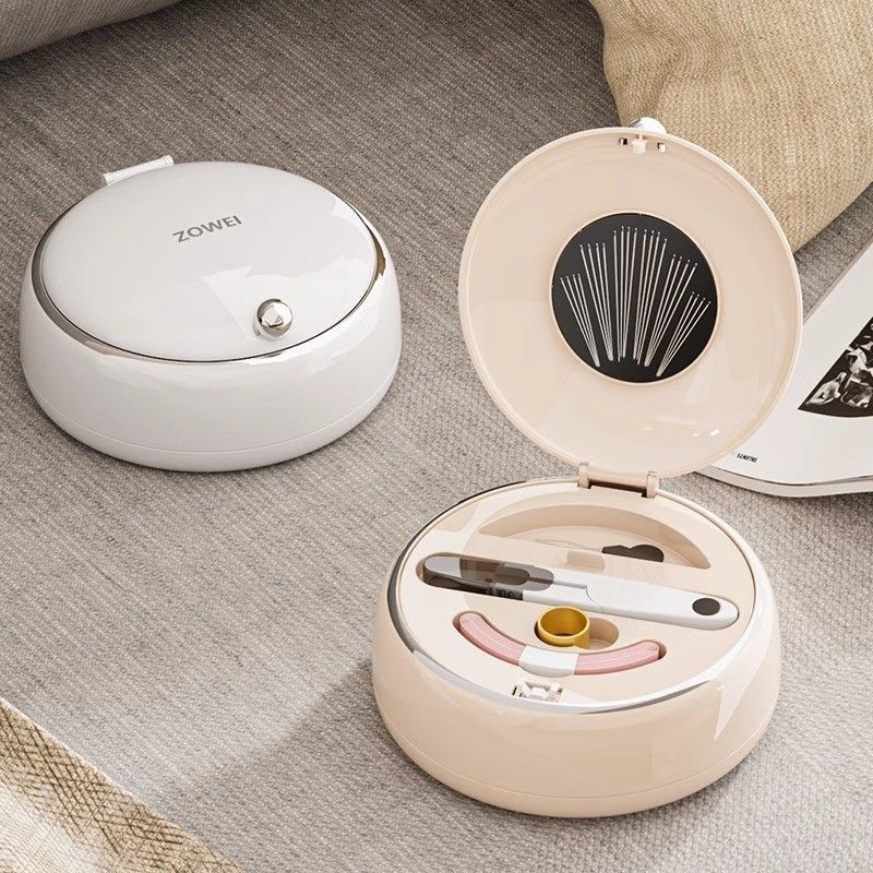 White Magnetic Sewing Kit - Portable Round Case with 20 Needles, 15 Thread Spools, Scissors, Thimble, Tape Measure for Home Dorm Travel Repairs