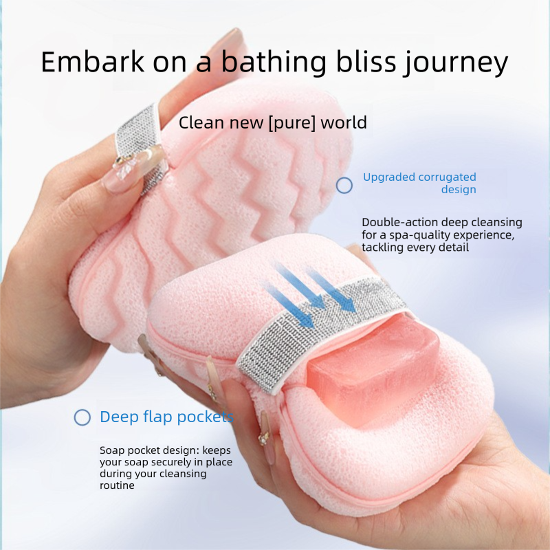1PCS Pink Soap Bag with Sponge Puff - Thickened Wave Texture Foam Maker with Elastic Strap for Face Wash Body Cleansing and Makeup Removal