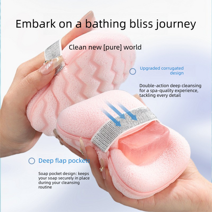 1PCS Pink Soap Bag with Sponge Puff - Thickened Wave Texture Foam Maker with Elastic Strap for Face Wash Body Cleansing and Makeup Removal