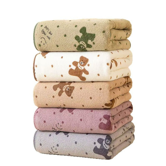 5 Mixed Colors Soft Absorbent Towel Set - Bear Print Face and Bath Towels with Bound Edges, Soft Quick-Drying Towels for Bathroom, Home and Everyday Use
