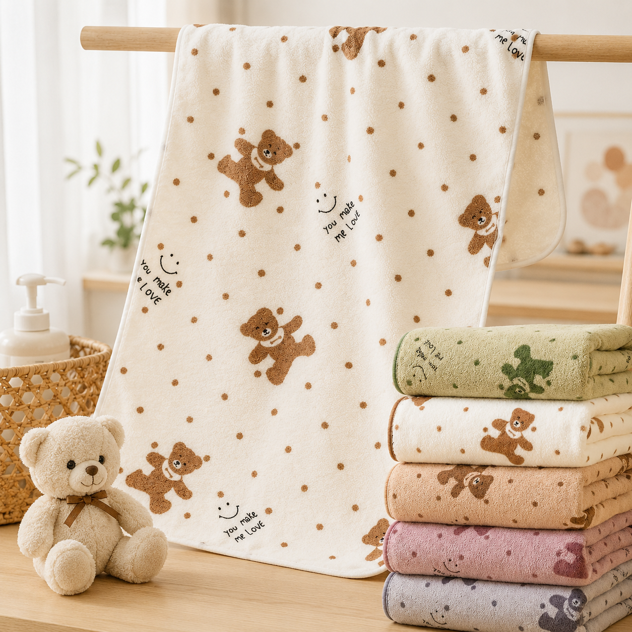 5 Mixed Colors Soft Absorbent Towel Set - Bear Print Face and Bath Towels with Bound Edges, Soft Quick-Drying Towels for Bathroom, Home and Everyday Use