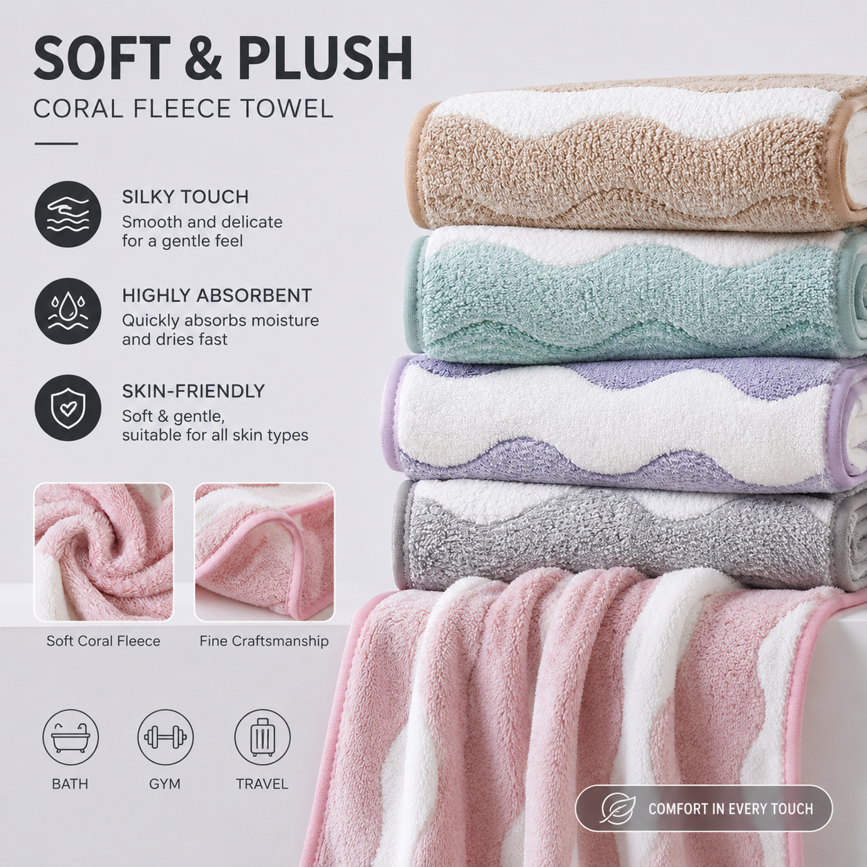 5 Mixed Colors Wave Pattern Towels - Thick Soft Absorbent Face Towels with Bound Edges, Quick-Drying Skin-Friendly Towels for Bathroom, Washing and Shower Use