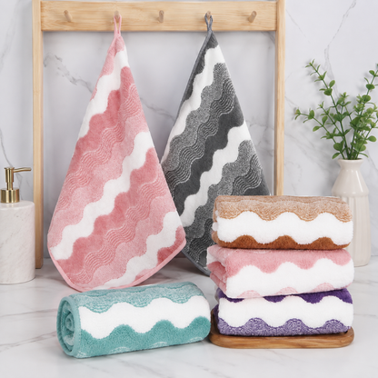 5 Mixed Colors Wave Pattern Towels - Thick Soft Absorbent Face Towels with Bound Edges, Quick-Drying Skin-Friendly Towels for Bathroom, Washing and Shower Use