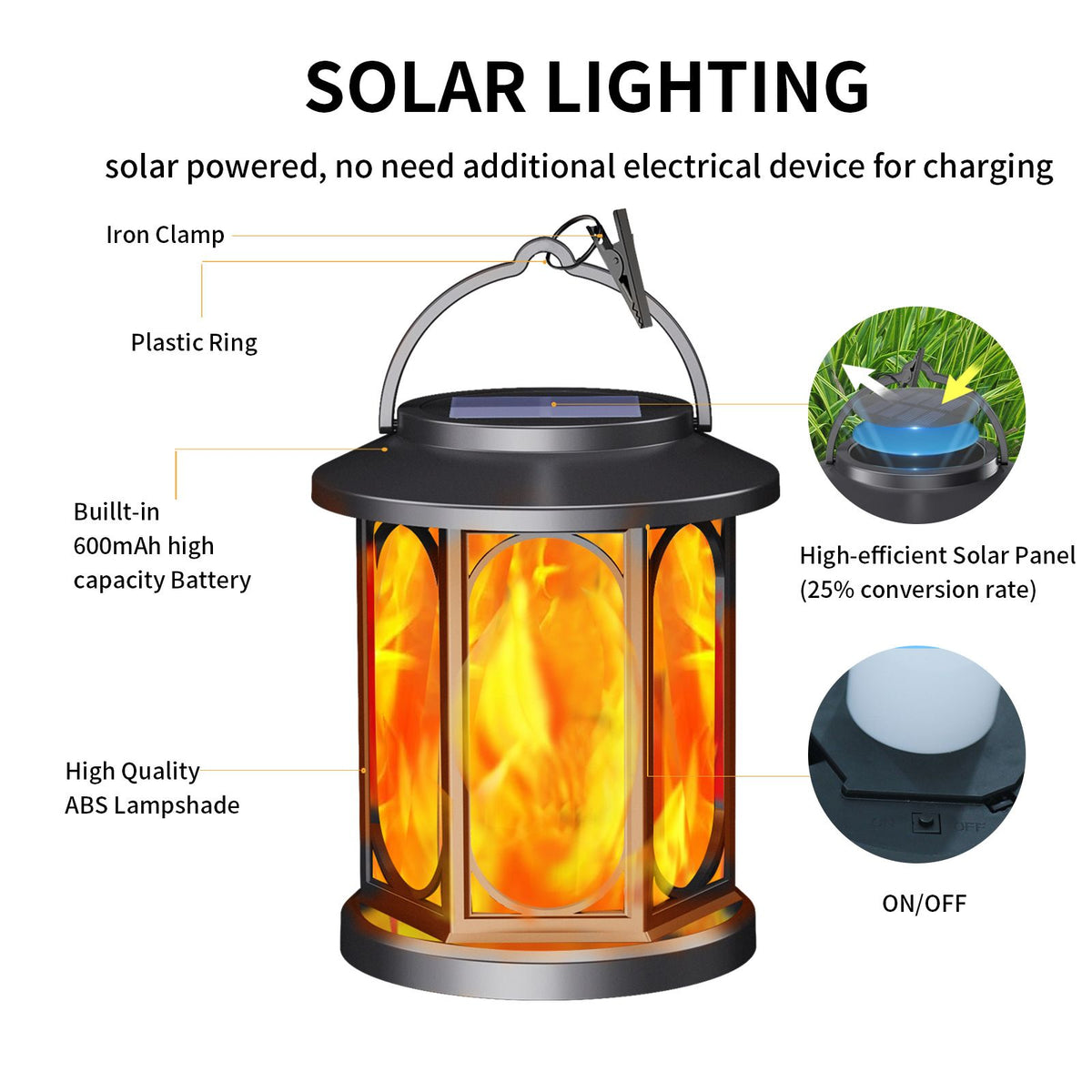 Solar Flame Lantern - Flickering Flame Effect Outdoor Hanging Garden Light with 600mAh Battery for Patio, Yard, Pathway, Lawn and Landscape Decor