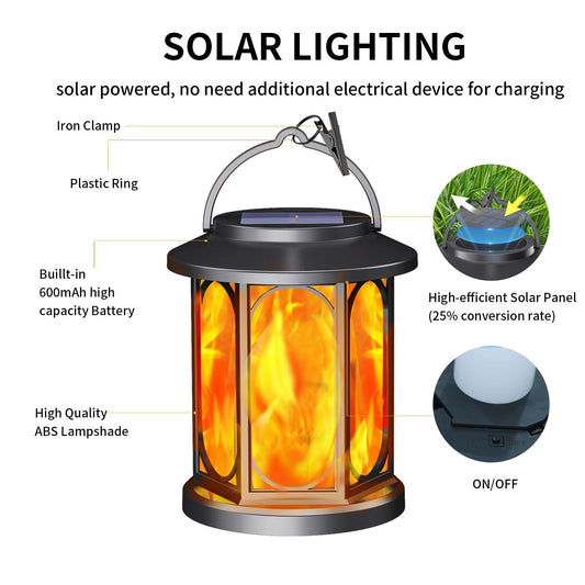 Solar Flame Lantern - Flickering Flame Effect Outdoor Hanging Garden Light with 600mAh Battery for Patio, Yard, Pathway, Lawn and Landscape Decor