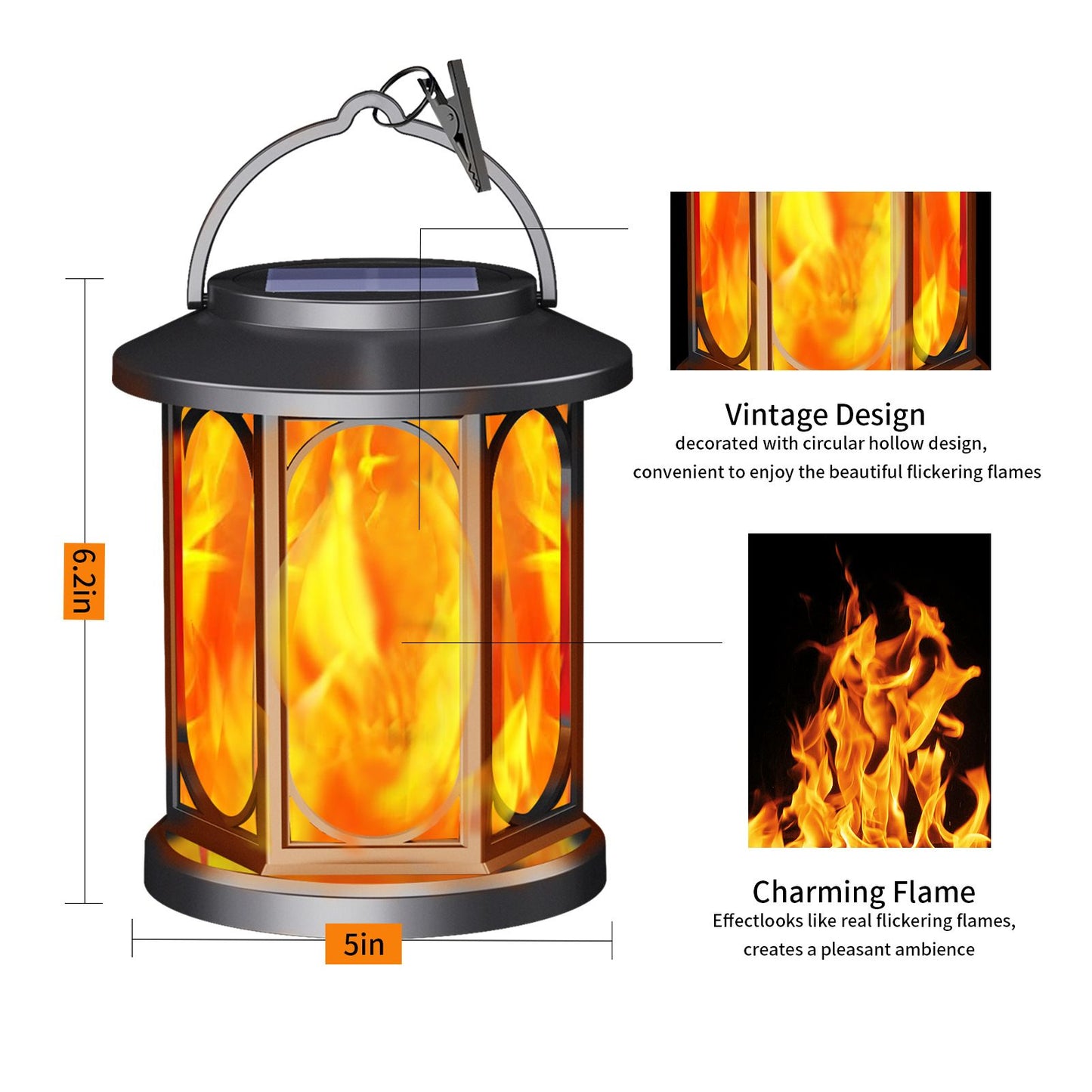 Solar Flame Lantern - Flickering Flame Effect Outdoor Hanging Garden Light with 600mAh Battery for Patio, Yard, Pathway, Lawn and Landscape Decor