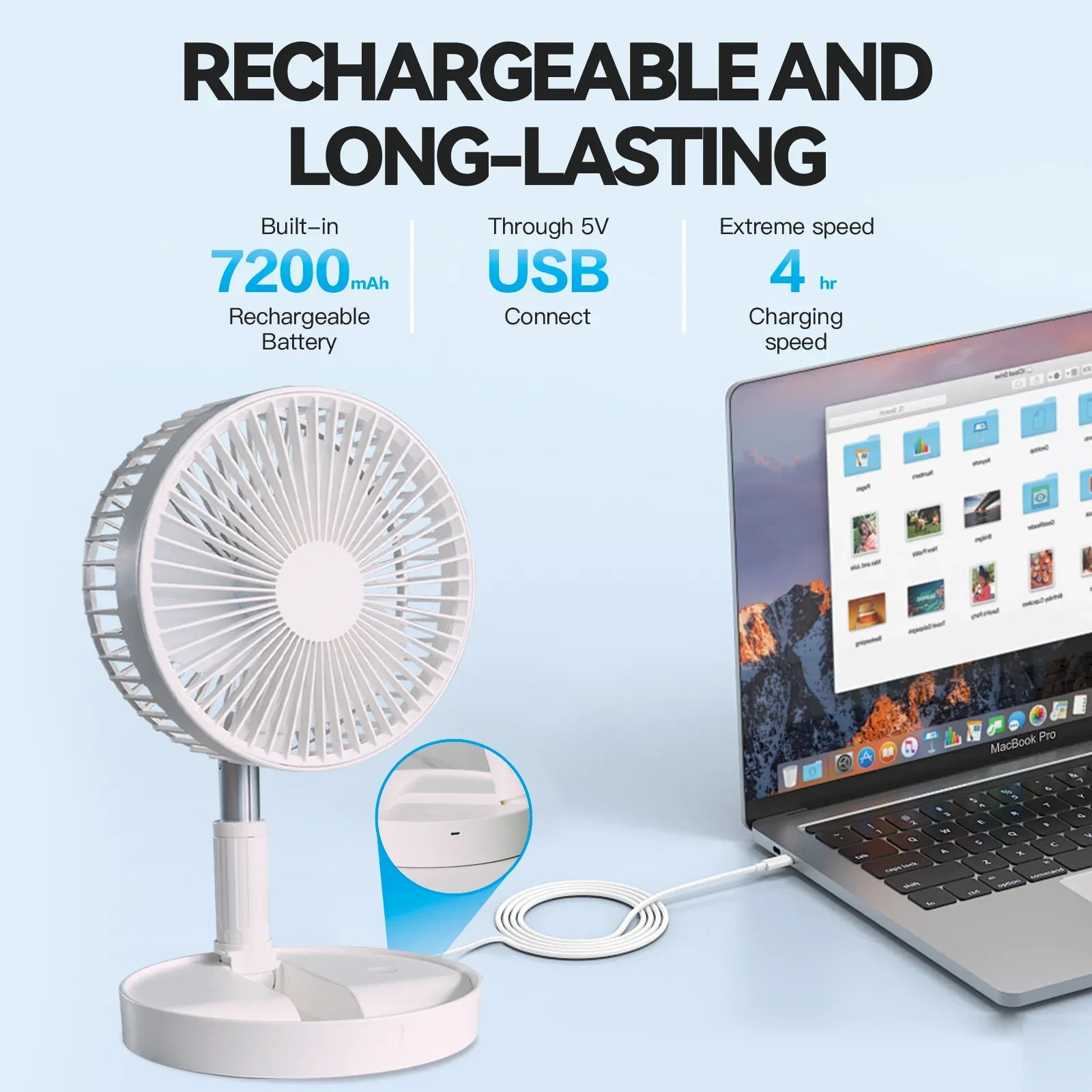 Folding Telescopic 4.5W Portable Height/Tilt Adjustable Rechargeable Cordless Fan - Mekamart Australia