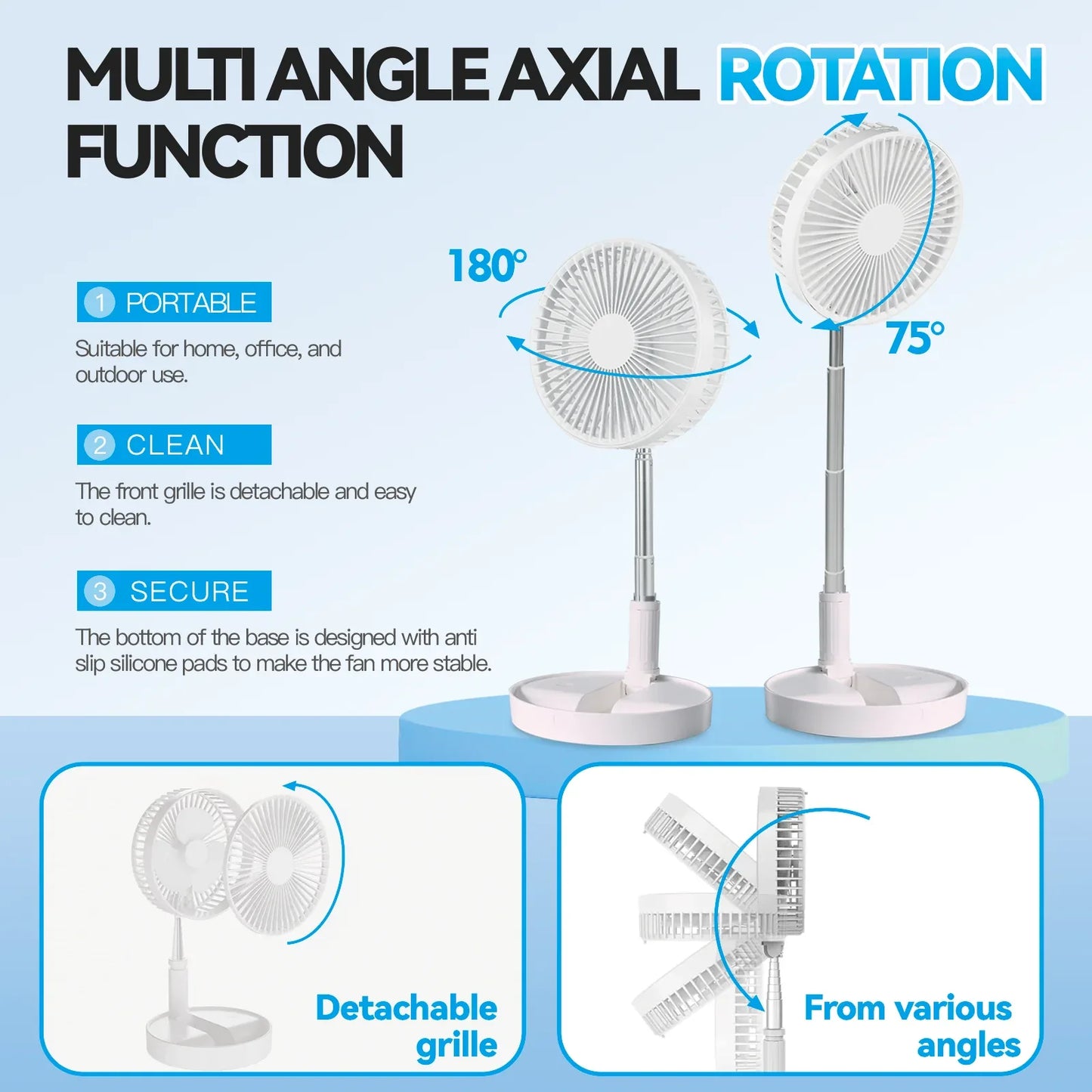 Folding Telescopic 4.5W Portable Height/Tilt Adjustable Rechargeable Cordless Fan - Mekamart Australia