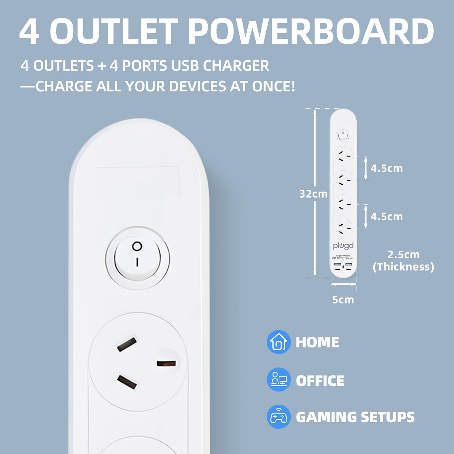 Plugd 2 USB A + 2 USB C 240V 10A Powerboard with Surge Protection