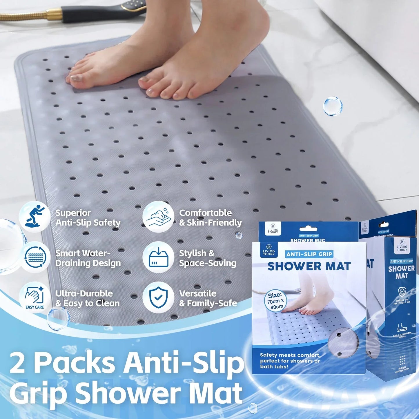 2Pack 70×40 cm Anti‑Slip Grip Shower Mat Quick‑Dry Bath Mat with 100+ Suction Cups - Mekamart Australia