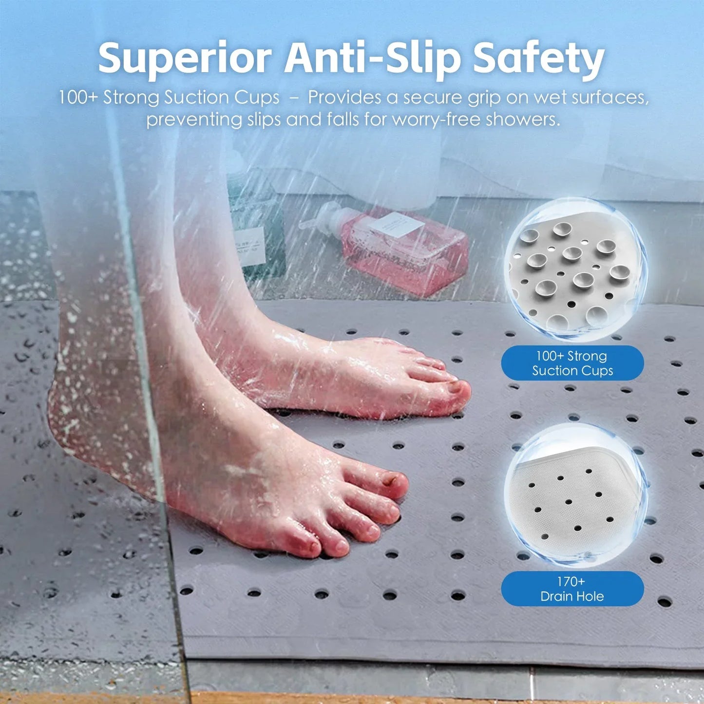 2Pack 70×40 cm Anti‑Slip Grip Shower Mat Quick‑Dry Bath Mat with 100+ Suction Cups - Mekamart Australia