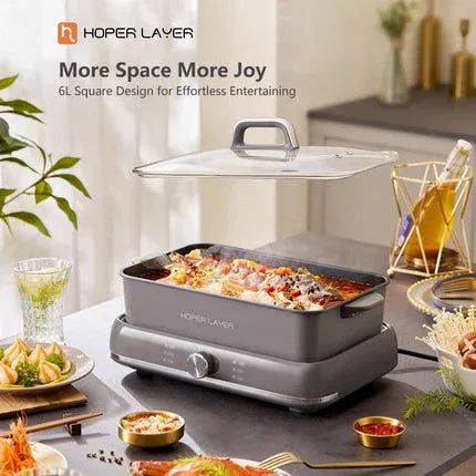 HOPER LAYER Electric Hot Pot 6L – Multifunctional Nonstick Cooker with Grill, Boil, Simmer & Fry Modes 2000W Power, Square Removable Pot - Mekamart Australia